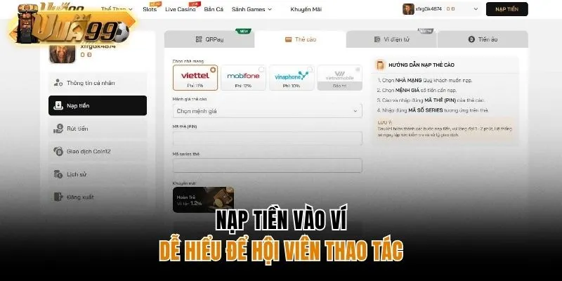 Nạp tiền vào ví trang Vua99 dễ hiểu